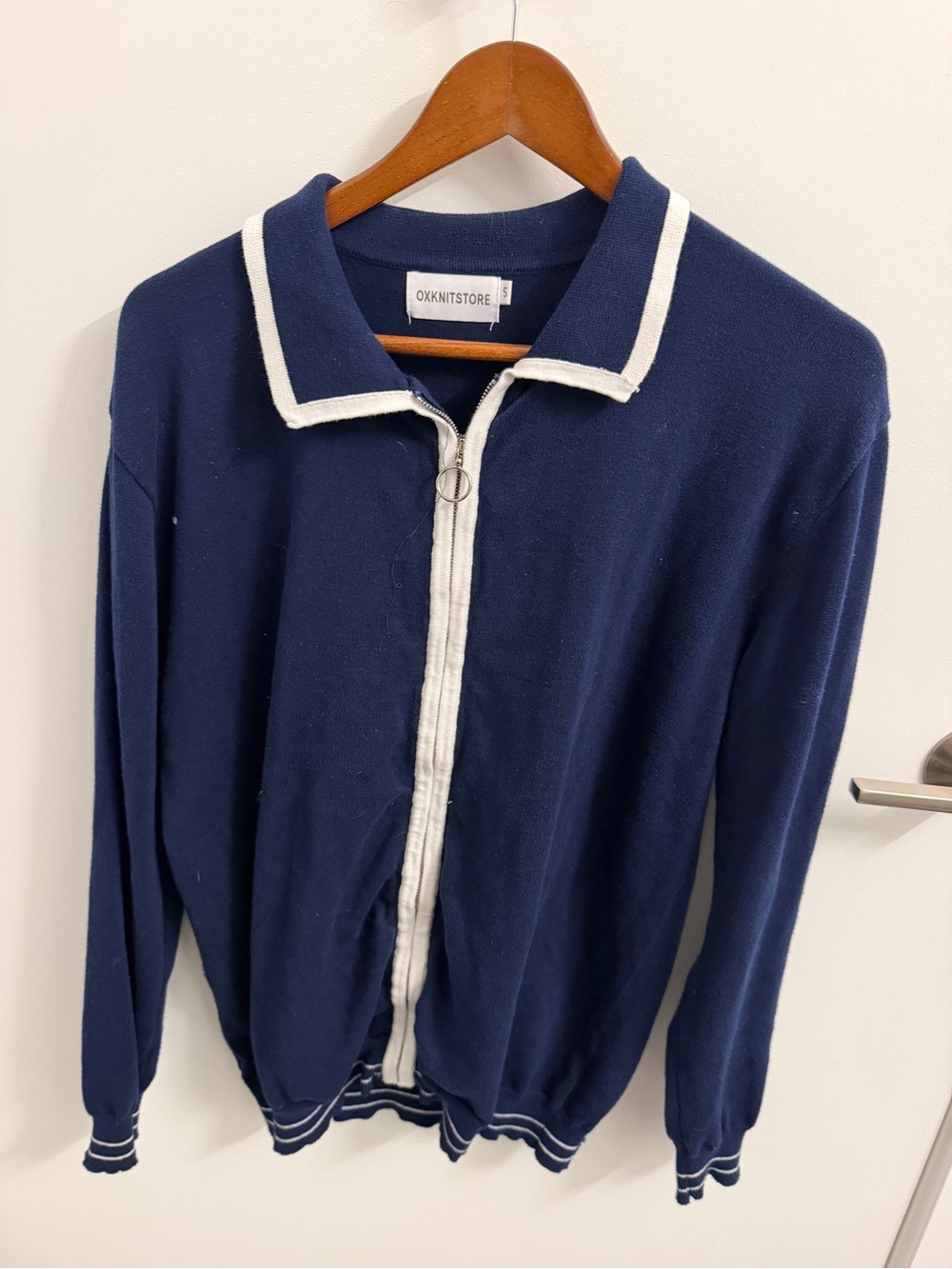 OXKNITSTORE Men's Navy Zip-Up Sweater with White Trim